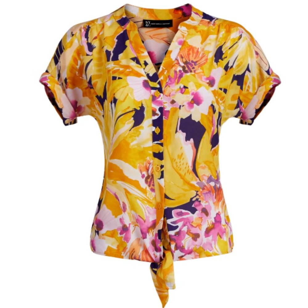 NWT New York & Company Floral Tie-Front Shirt Womens XL V-Neck
